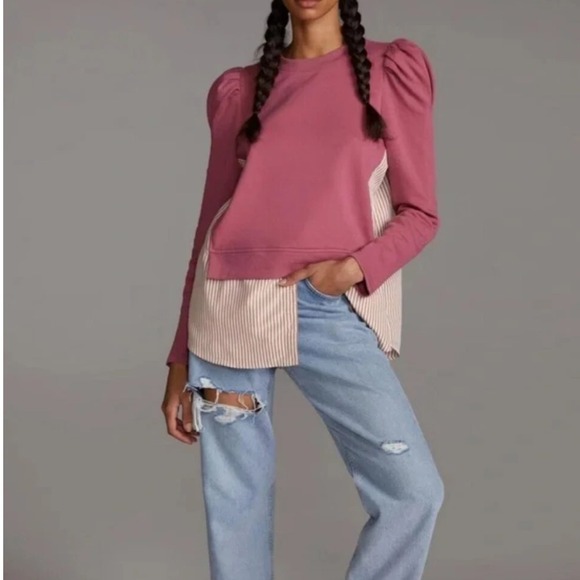 Anthropologie Tops - Maeve Anthropologie Layered Tunic Sweatshirt 3X Mixed Media Puff Sleeve Mauve Pi